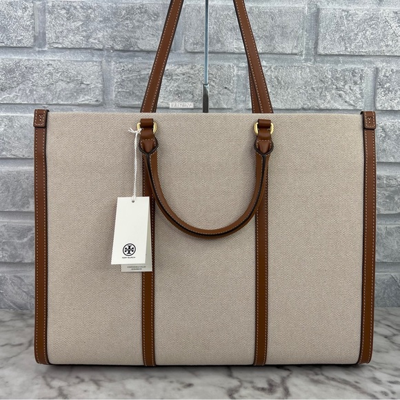 Tory Burch Blake Canvas Jumbo Tote In Natural Classic Cuoio - Picture 6 of 13